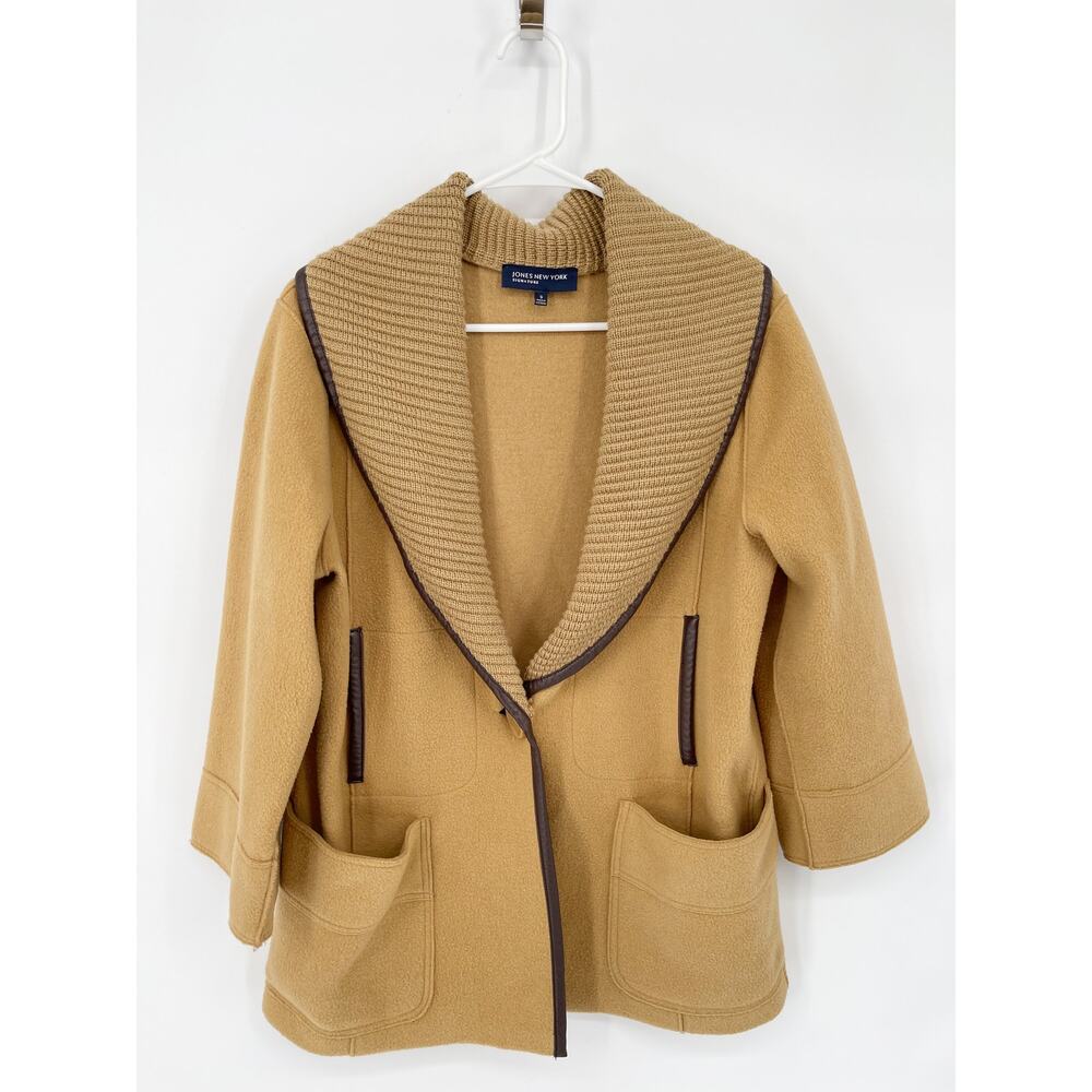 Jones New York Camel Tan Wool Shawl Collar Cardigan Faux Leather Trim Size Small